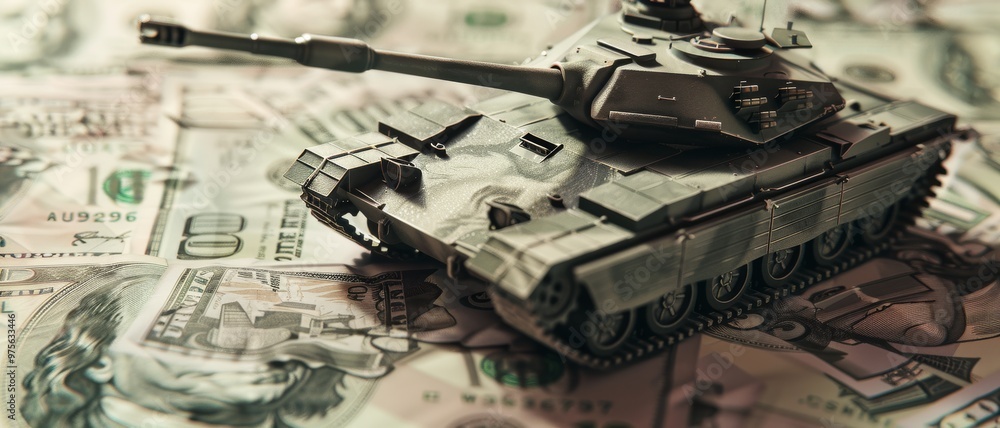 A miniature gray tank model is placed on a bed of US dollars, representing the hefty financial investment in military assets and defense. A miniature gray tank model is placed on a bed of US dollars, representing the hefty financial investment in military assets and defense.
