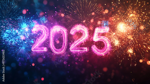 A creative illustration of a countdown to 2025, with neon numbers and sparkling fireworks, capturing the excitement of the New Year's celebration. 