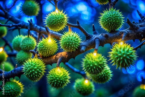 Gnarled, spiky branches bear strange, otherworldly fruit with serrated pods resembling tiny, green pinecones, emitting a soft, ethereal glow in moonlit forest. photo