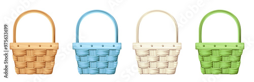 Wicker baskets. Beige, white, blue, and green baskets isolated on a white background. Set of vector illustrations
