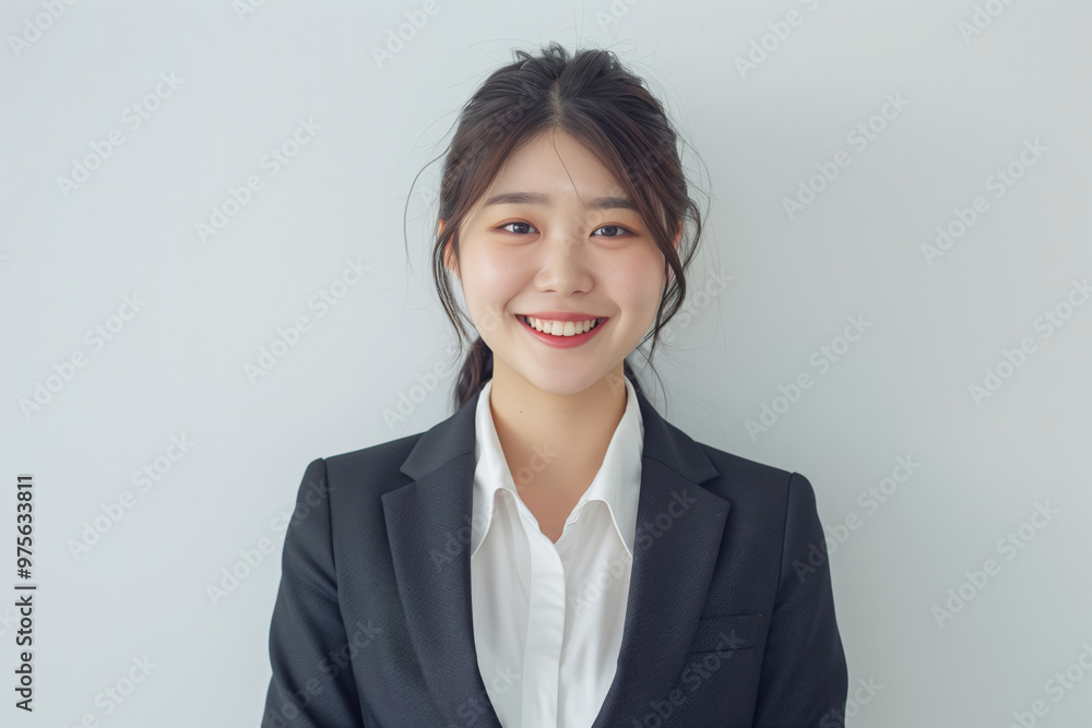 Smiling Asian Woman in Formal Attire Against a White Background Smiling Asian Woman in Formal Attire Against a White Background