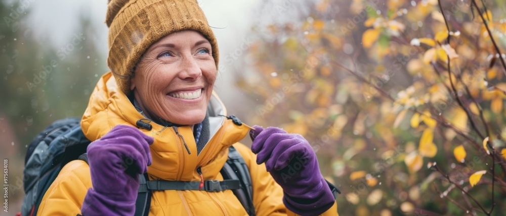 A delighted woman in a cozy yellow jacket enjoys a snowy day in the vibrant autumn forest, her smile radiating warmth. A delighted woman in a cozy yellow jacket enjoys a snowy day in the vibrant autumn forest, her smile radiating warmth.