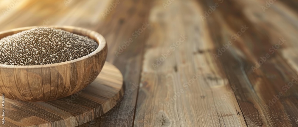 A wooden bowl filled with chia seeds rests on a rustic wooden table, focusing on health and simplicity. A wooden bowl filled with chia seeds rests on a rustic wooden table, focusing on health and simplicity.