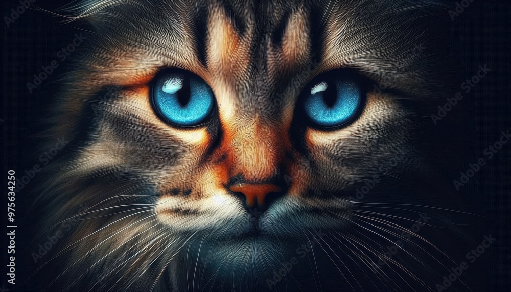 A closeup photograph of a cat's face,highly detailed fur texture,striking blue eyes with depth and dimension,realistic cat portrait,vibrant colors,dramatic lighting and contrast,moody and atmospheric A closeup photograph of a cat's face,highly detailed fur texture,striking blue eyes with depth and dimension,realistic cat portrait,vibrant colors,dramatic lighting and contrast,moody and atmospheric