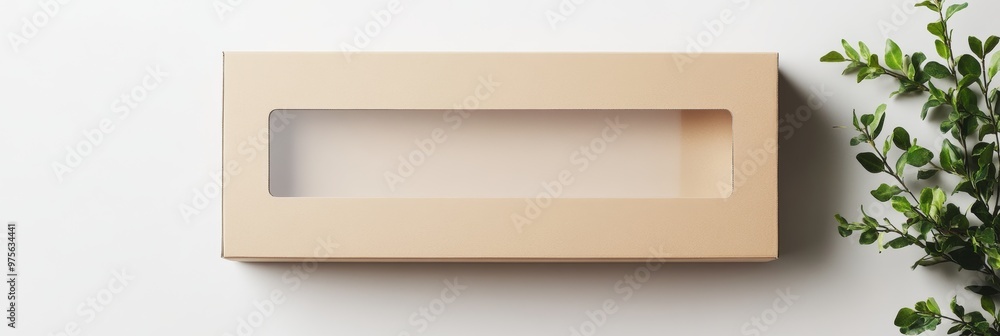 A sleek, unbranded rectangular cardboard box with a clear window, set on a seamless white surface A sleek, unbranded rectangular cardboard box with a clear window, set on a seamless white surface