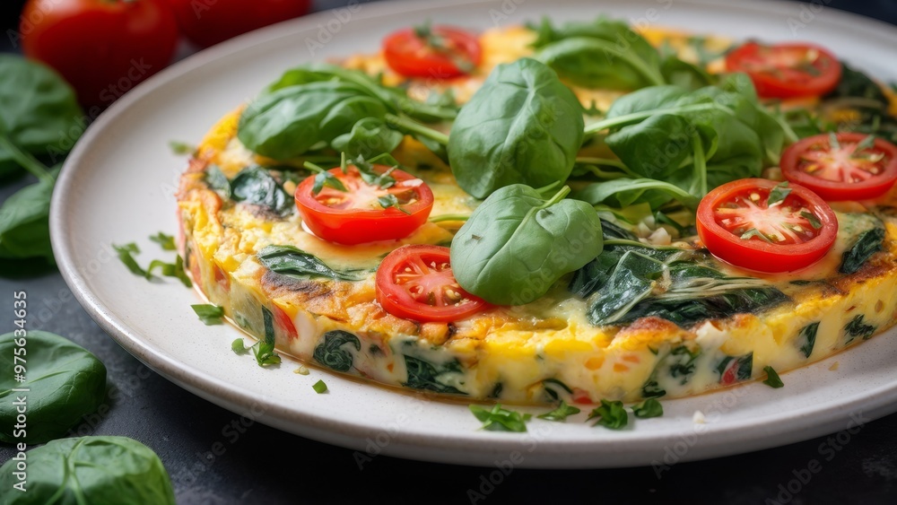 A plate with frittata, spinach and tomatoes. A plate with frittata, spinach and tomatoes.