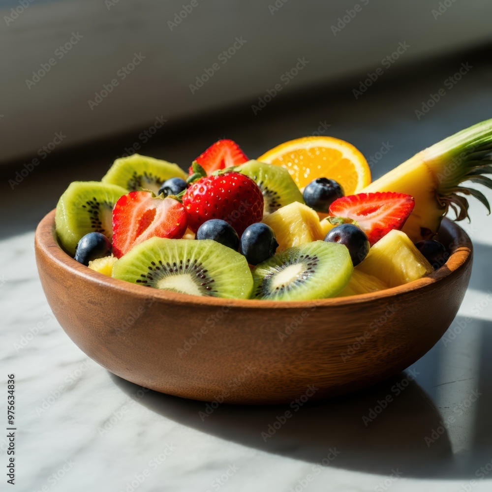 Fresh fruit salad in a bowl on a marble table viewed from the front Fresh fruit salad in a bowl on a marble table viewed from the front