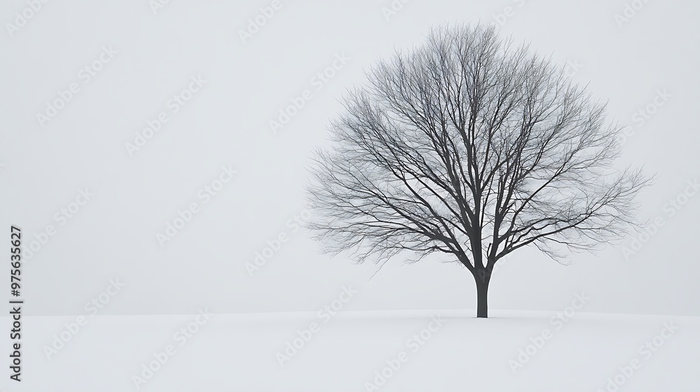 Fototapeta premium Snowy winter landscape with bare trees and frosted branches under a misty blue sky