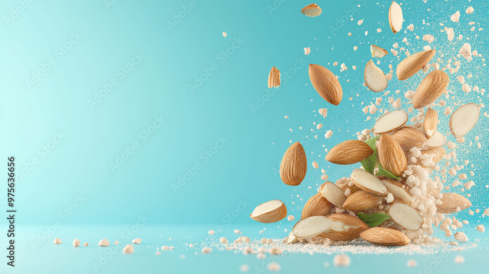 Fototapeta premium Closeup of almond nuts falling surrounded by almond crumbs isolated on flat blue background with copy space. 3d render illustration style.