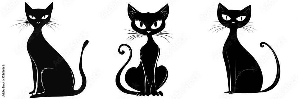 Obraz premium set of A sleek black cat silhouette with arched back and raised tail, creating a spooky Halloween vibe, transform background.