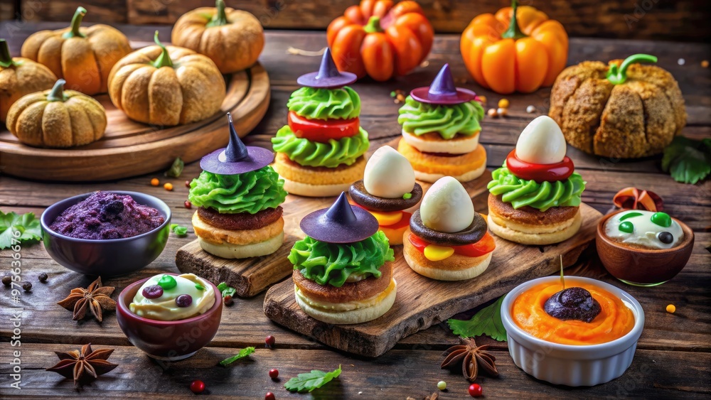 Colorful array of spooky-themed treats including witches' hat sandwiches, monster eyes deviled eggs, and graveyard dirt cups on a rustic wooden table. Colorful array of spooky-themed treats including witches' hat sandwiches, monster eyes deviled eggs, and graveyard dirt cups on a rustic wooden table.
