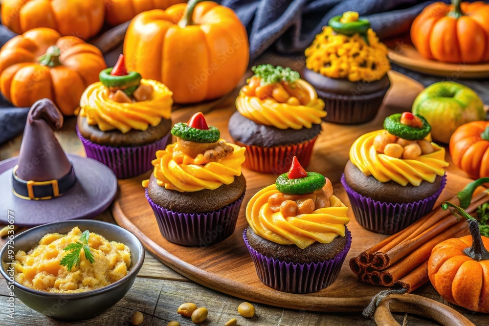 Colorful array of spooky-themed vegan treats, including witches' hat cupcakes, mummy dogs, and cauldron mac 'n cheese, on a festive orange and black tablecloth. Colorful array of spooky-themed vegan treats, including witches' hat cupcakes, mummy dogs, and cauldron mac 'n cheese, on a festive orange and black tablecloth.