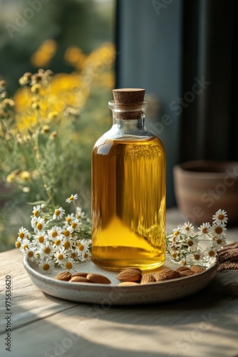 A glass bottle filled with golden oil surrounded by almonds and flowers, capturing a serene, natural essence. photo