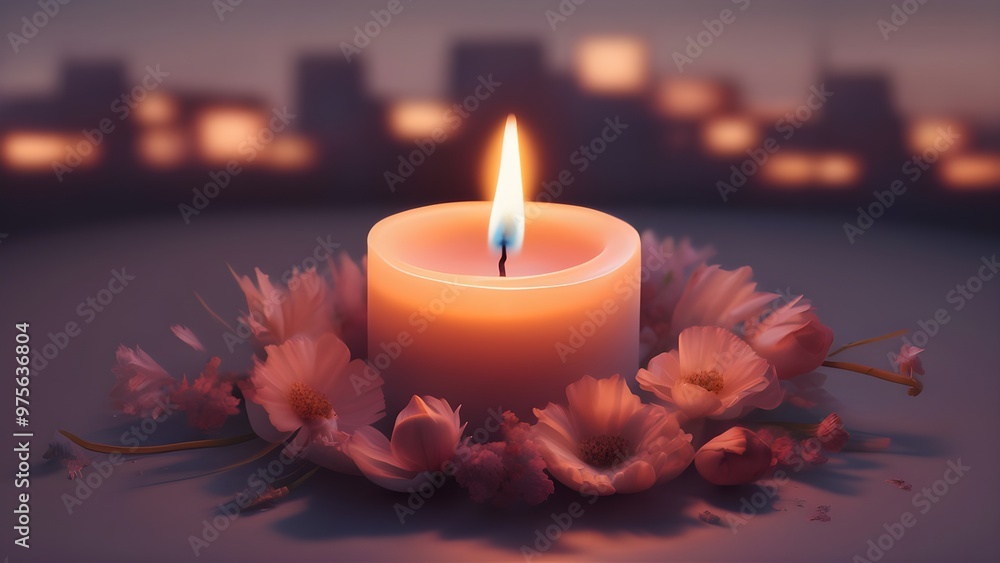 Serene arrangement of a lit candle and soft blooms illuminated by warm evening lights Serene arrangement of a lit candle and soft blooms illuminated by warm evening lights