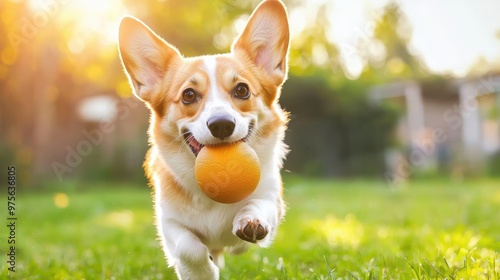 A happy corgi runs outdoors with a bright orange ball, enjoying a sunny day in a lush green yard, showcasing joy and playfulness.