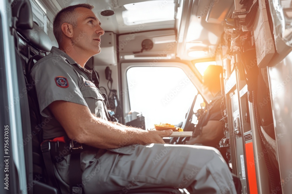Naklejka premium An EMS driver in uniform enjoys a well-deserved break in the back of the ambulance, reflecting on the challenges of the day. The warm sunlight casts a serene glow on the scene.