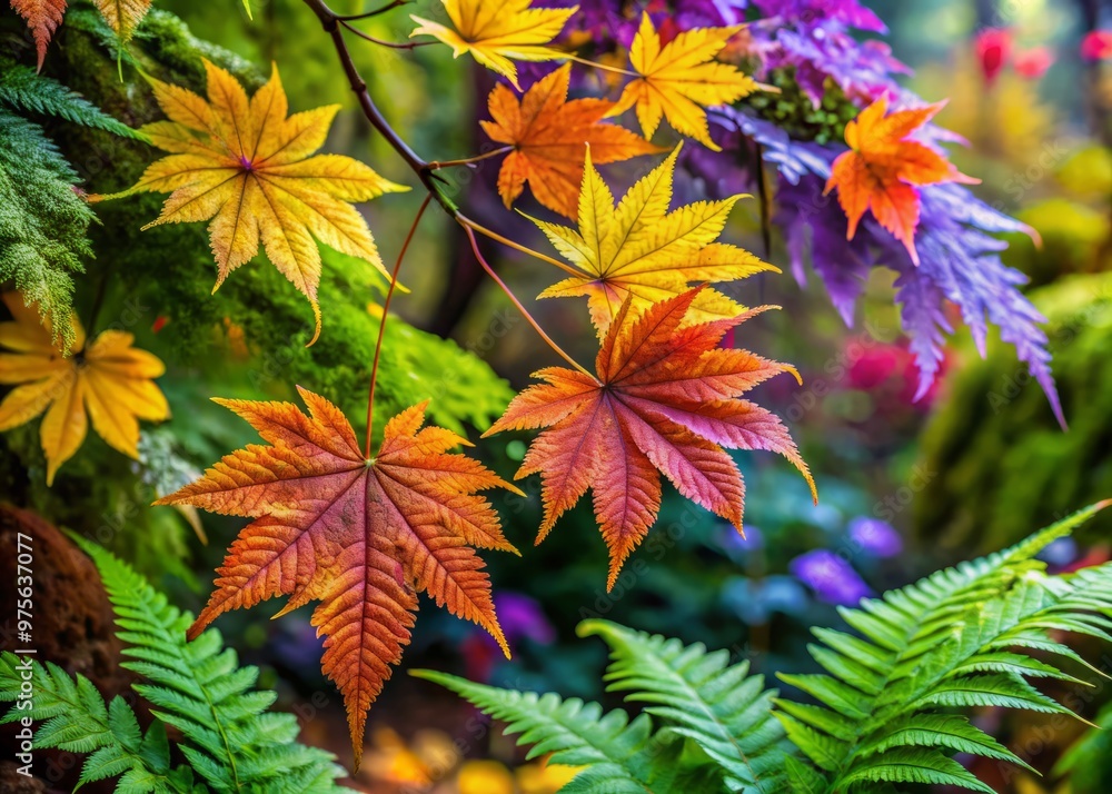 Colorful maple tree leaves, sprouting from branches with intricate veins, suspended amidst lush greenery with ferns and flowering wildflowers Colorful maple tree leaves, sprouting from branches with intricate veins, suspended amidst lush greenery with ferns and flowering wildflowers