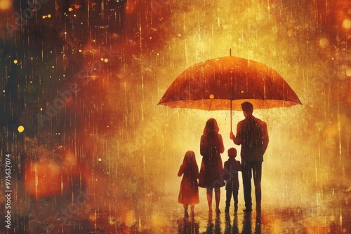 A warm and comforting illustration of a family standing together under a large umbrella, shielding them from a storm, symbolizing protection and unity