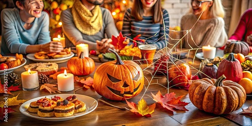 Colorful autumn leaves and spider webs decorate a festive table with a jack-o-lantern centerpiece, surrounded by friends and family enjoying treats and snacks at night. photo