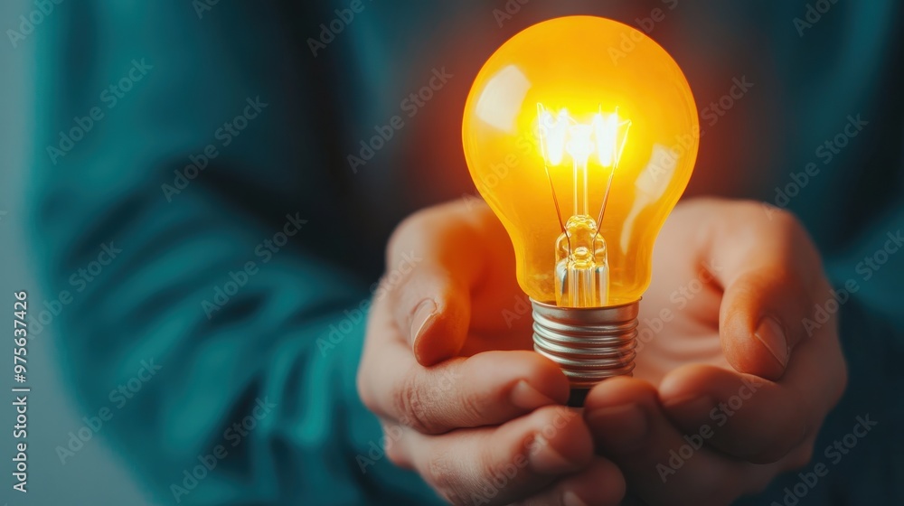 A person holding a glowing light bulb, symbolizing creativity, inspiration, and innovation in a cozy atmosphere. A person holding a glowing light bulb, symbolizing creativity, inspiration, and innovation in a cozy atmosphere.