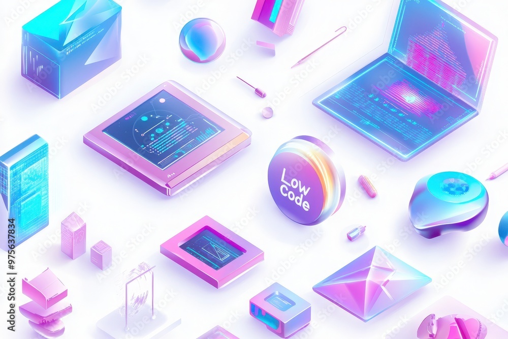 A vibrant array of coding symbols and tech gadgets represents the dynamic realm of low code development. This artistic composition showcases various digital tools and symbols in an imaginative layout. A vibrant array of coding symbols and tech gadgets represents the dynamic realm of low code development. This artistic composition showcases various digital tools and symbols in an imaginative layout.
