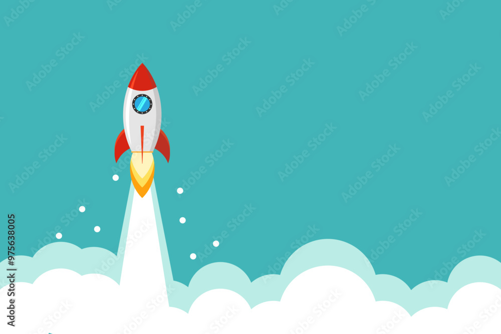 Rocket launch in the sky flying over clouds. Space ship in smoke clouds. Business concept. Rocket launch in the sky flying over clouds. Space ship in smoke clouds. Business concept.