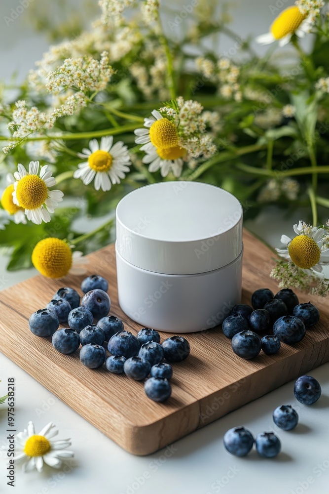 A soothing skincare cream surrounded by fresh blueberries and delicate flowers on a wooden surface, embodying natural beauty. A soothing skincare cream surrounded by fresh blueberries and delicate flowers on a wooden surface, embodying natural beauty.