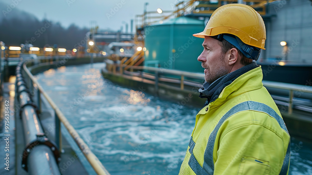 Water treatment facility worker wearing safety gear monitoring water quality at a plant Water treatment facility worker wearing safety gear monitoring water quality at a plant
