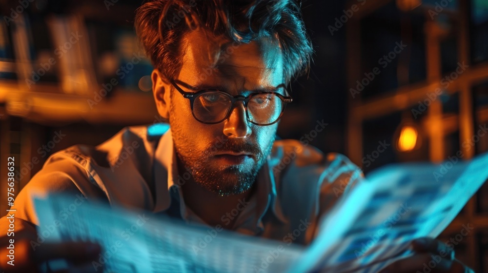 Focused bearded man working late at night on laptop in dimly lit office or workspace deeply engaged in research analysis or problem solving creating an intense thoughtful and professional atmosphere Focused bearded man working late at night on laptop in dimly lit office or workspace deeply engaged in research analysis or problem solving creating an intense thoughtful and professional atmosphere