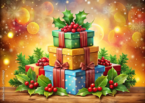 Colorful festive illustration of stacked gifts adorned with ribbons and bows, surrounded by holly leaves and berries, set against a warm winter wonderland background.