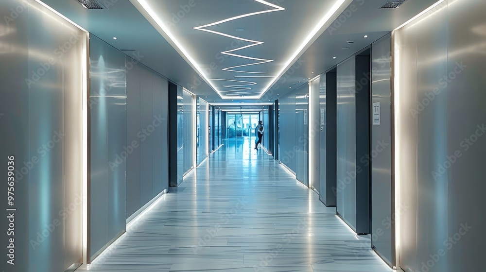 Linear ceiling lighting, Modern White Hallway With Bright Neon Lights. Generative AI. Linear ceiling lighting, Modern White Hallway With Bright Neon Lights. Generative AI.