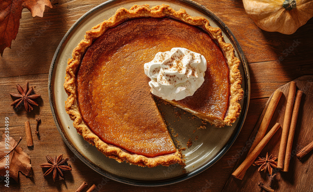 Pumpkin pie with whipped cream, cinnamon sticks, and a slice being served on a plate, photographed with a top-down view Pumpkin pie with whipped cream, cinnamon sticks, and a slice being served on a plate, photographed with a top-down view
