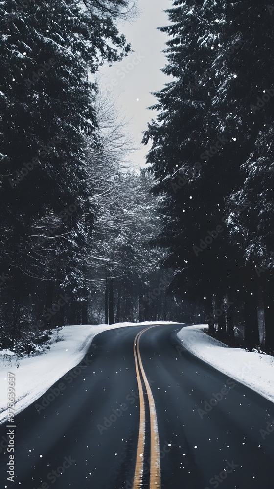 Obraz premium A winding road through a snowy forest, perfect for a winter drive.