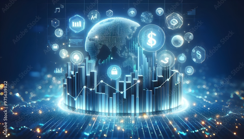 Creative growing forex chart on blue bokeh grid background. Trade, money, finance and success concept. 3D Rendering. Creative growing forex chart on blue bokeh grid background. Trade, money, finance and success concept. 3D Rendering.