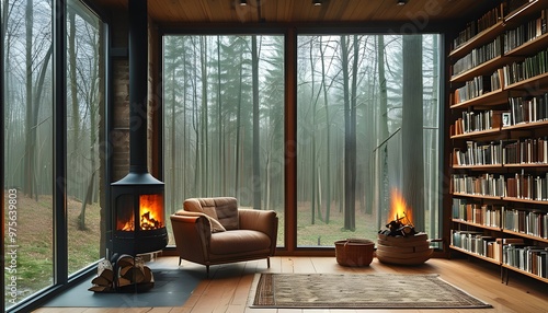 Inviting library retreat featuring a fireplace, plush armchair, extensive bookshelves, and picturesque forest views through expansive windows photo