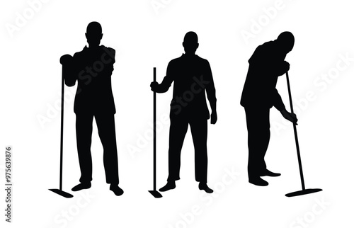 Silhouette of Worker Cleaning Floor with a Mop. People and professional occupation concept vector art