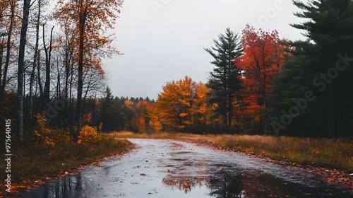 A winding road through a forest in autumn, the leaves are a mix of orange and red.