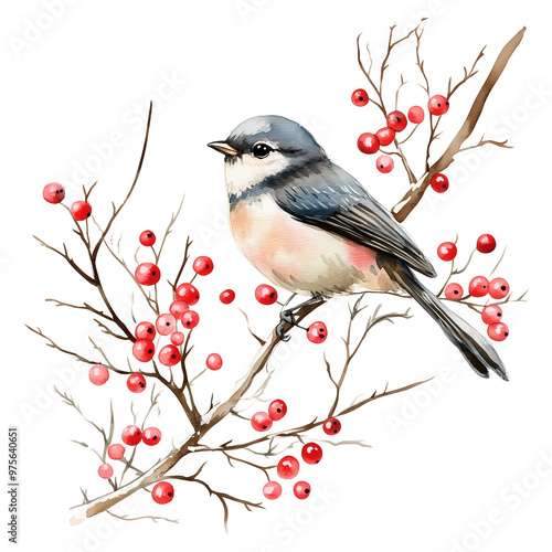 Bird on a branch in winter watercolor illustration. Christmas bird  on a white background, with winter berry holly and leaves, in soft pastel colors. Watercolor, isolated, white background.