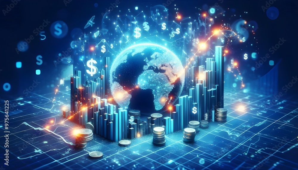 Fototapeta premium Creative growing forex chart on blue bokeh grid background. Trade, money, finance and success concept. 3D Rendering.