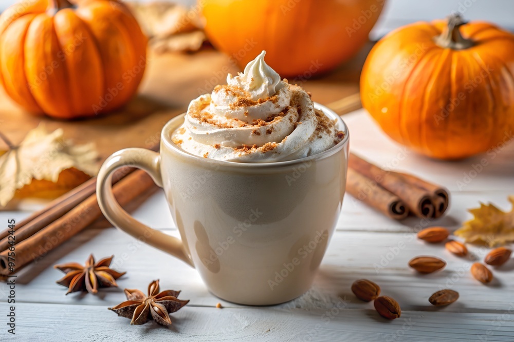 Cozy autumn scene with cup of pumpkin spice latte topped with whipped cream, pumpkins, cinnamon sticks, and star anise. Perfect for fall-themed concepts, seasonal drinks, pumpkin spice lovers Cozy autumn scene with cup of pumpkin spice latte topped with whipped cream, pumpkins, cinnamon sticks, and star anise. Perfect for fall-themed concepts, seasonal drinks, pumpkin spice lovers