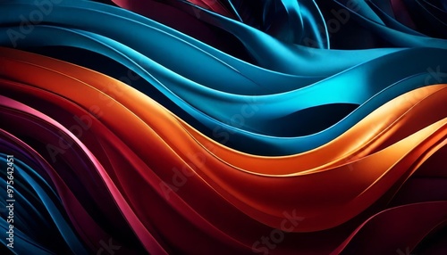 Flowing abstract waves in vibrant blue, red, and orange hues create a dynamic and mesmerizing visual. The fluid shapes and rich colors evoke a sense of motion and energy, perfect for creative and