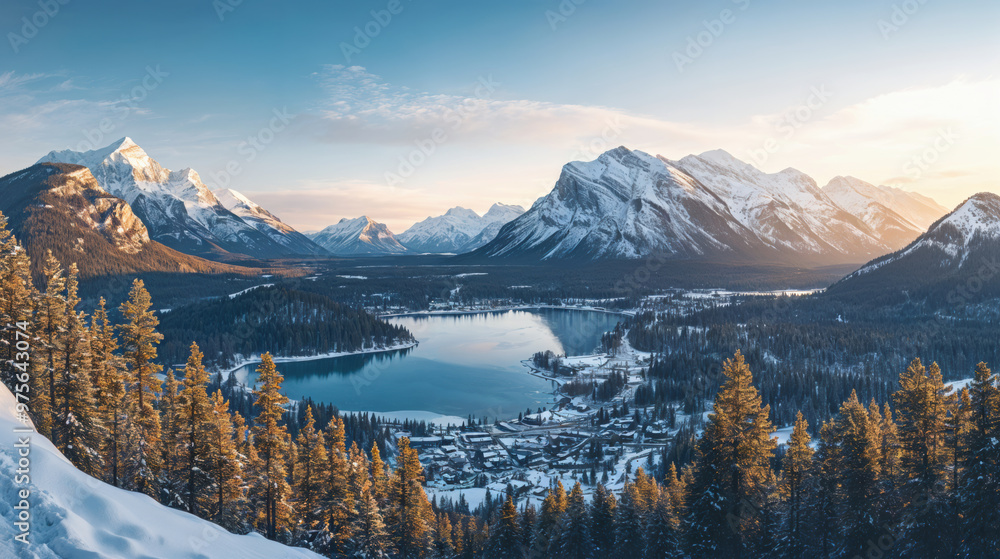 Obraz premium Snow covered mountains and lake with pine trees at sunrise