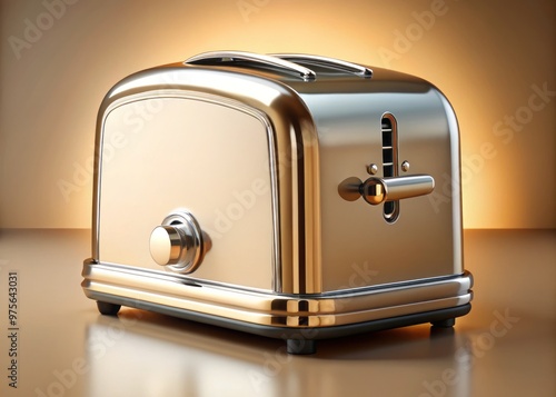 Old-fashioned toaster with chrome accents, retro-style buttons, and a lever on the side, set against a warm beige background with a hint of golden glow. photo