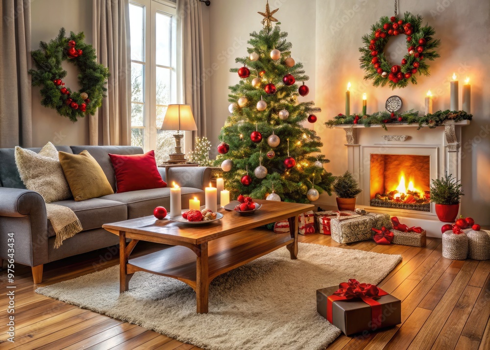 Cozy festive living room decorated with garland, red berries, and candles, featuring a snowflake-patterned rug, rustic wooden coffee table, and towering Christmas tree. Cozy festive living room decorated with garland, red berries, and candles, featuring a snowflake-patterned rug, rustic wooden coffee table, and towering Christmas tree.