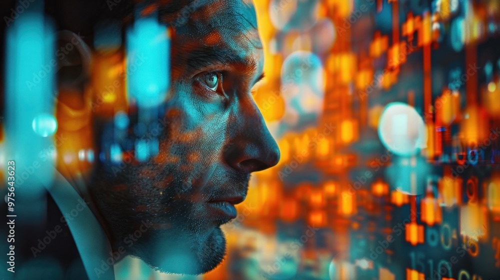 Close up portrait of a contemplative serious looking man in profile against a dramatic abstract digital backdrop with futuristic elements evoking a sense of deep thought introspection and imagination Close up portrait of a contemplative serious looking man in profile against a dramatic abstract digital backdrop with futuristic elements evoking a sense of deep thought introspection and imagination