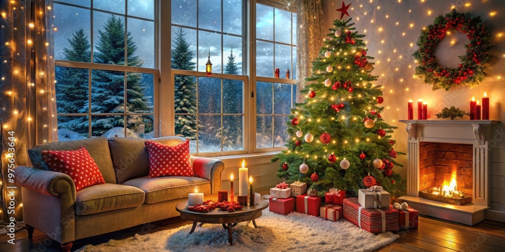 Obraz premium Cozy festive living room with decorated Christmas tree, snowflakes falling outside window, and presents wrapped in red and green paper, surrounded by candles and garlands.