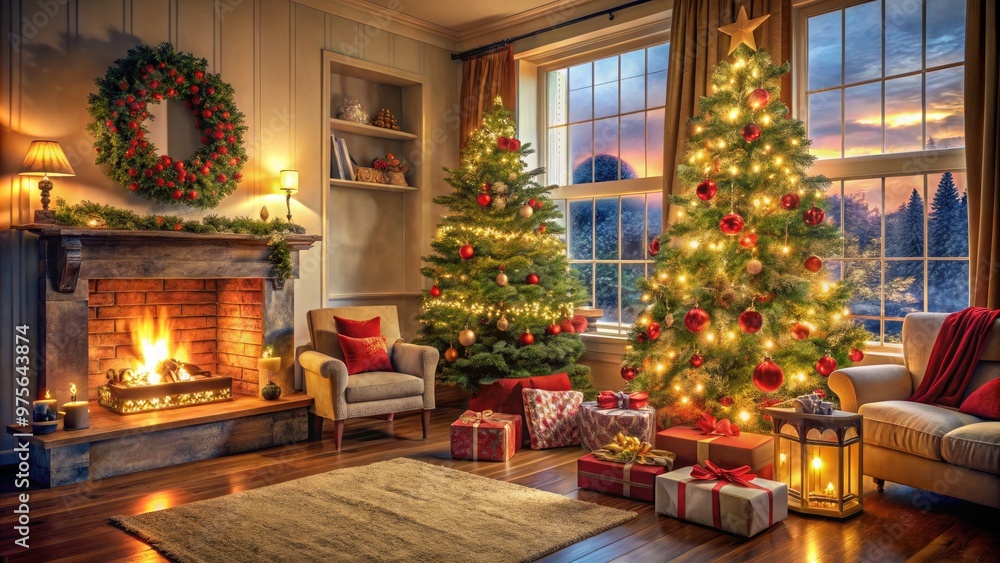 Fototapeta premium Cozy festive scene with decorated tree, wrapped gifts, and sparkling decorations illuminating a warm and inviting living room on a joyful holiday morning.