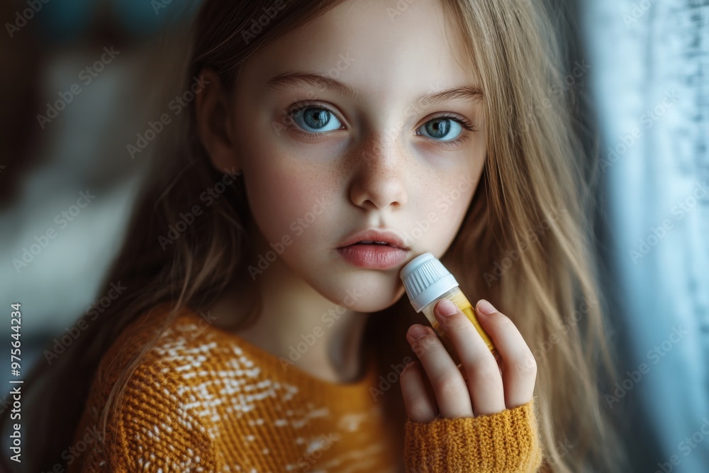 Young girl bravely takes his asthma medication with an inhaler Young girl bravely takes his asthma medication with an inhaler
