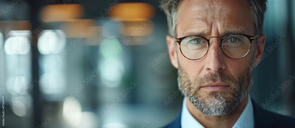 Serious and distinguished looking businessman wearing formal suit and glasses with a contemplative facial expression gazes thoughtfully in a corporate office setting with a blurred moody background Serious and distinguished looking businessman wearing formal suit and glasses with a contemplative facial expression gazes thoughtfully in a corporate office setting with a blurred moody background