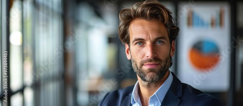 Serious looking business executive in a suit standing in an office thoughtfully contemplating strategies data analytics and decisions for his company s success photo